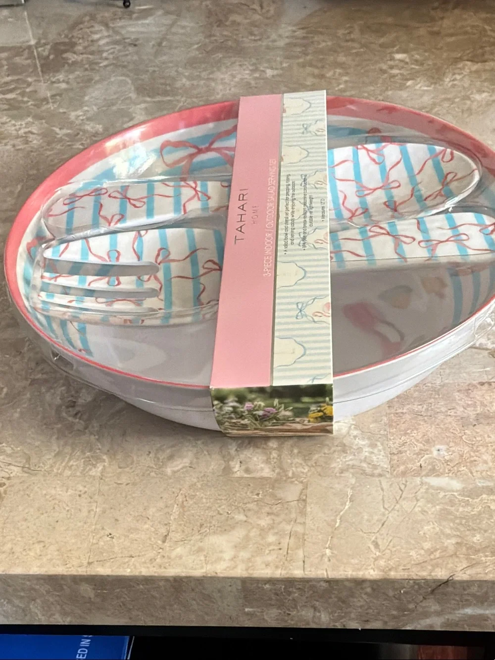 Tahari  Pink and Light Blue Striped Salad Bowl with Matching Utensils